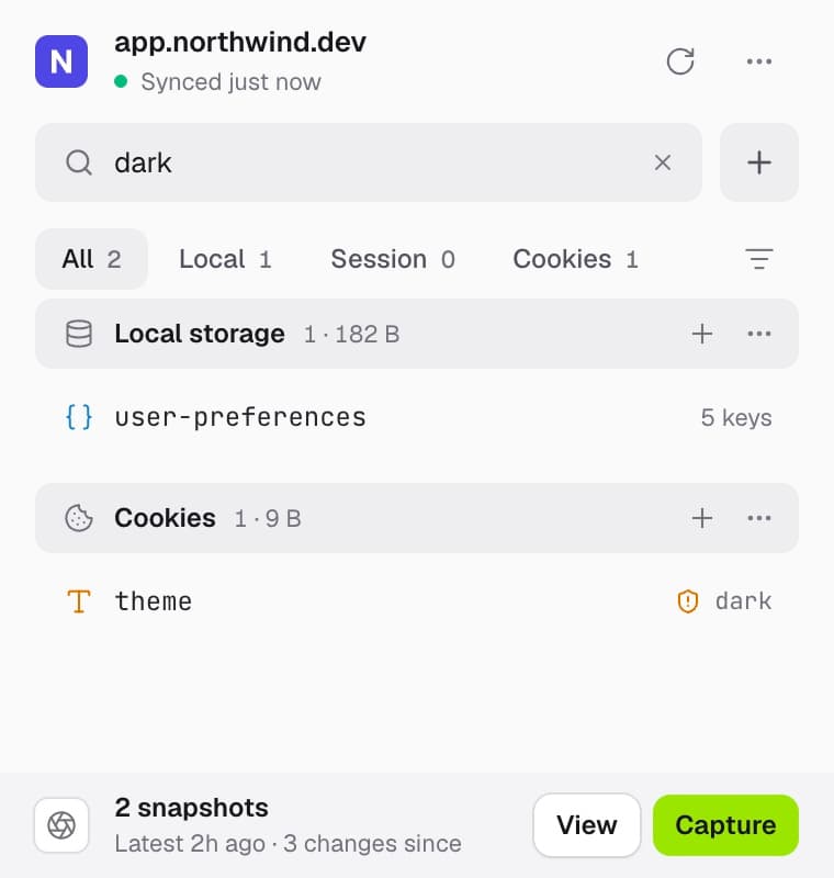 Searching for dark finds a JSON value and a cookie whose values contain it