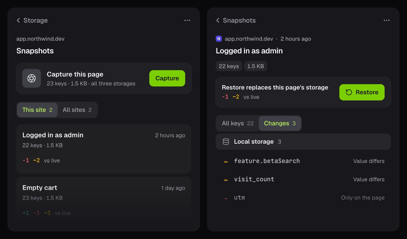 Saved snapshots for a site beside one snapshot's changes compared with the live page