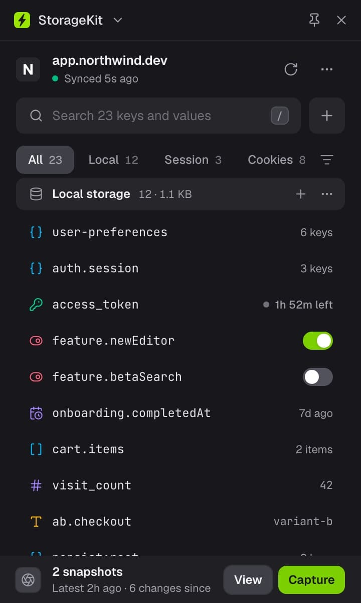 The StorageKit side panel docked beside the page, listing local storage with type icons, a JWT expiry, feature-flag toggles, and the snapshot bar