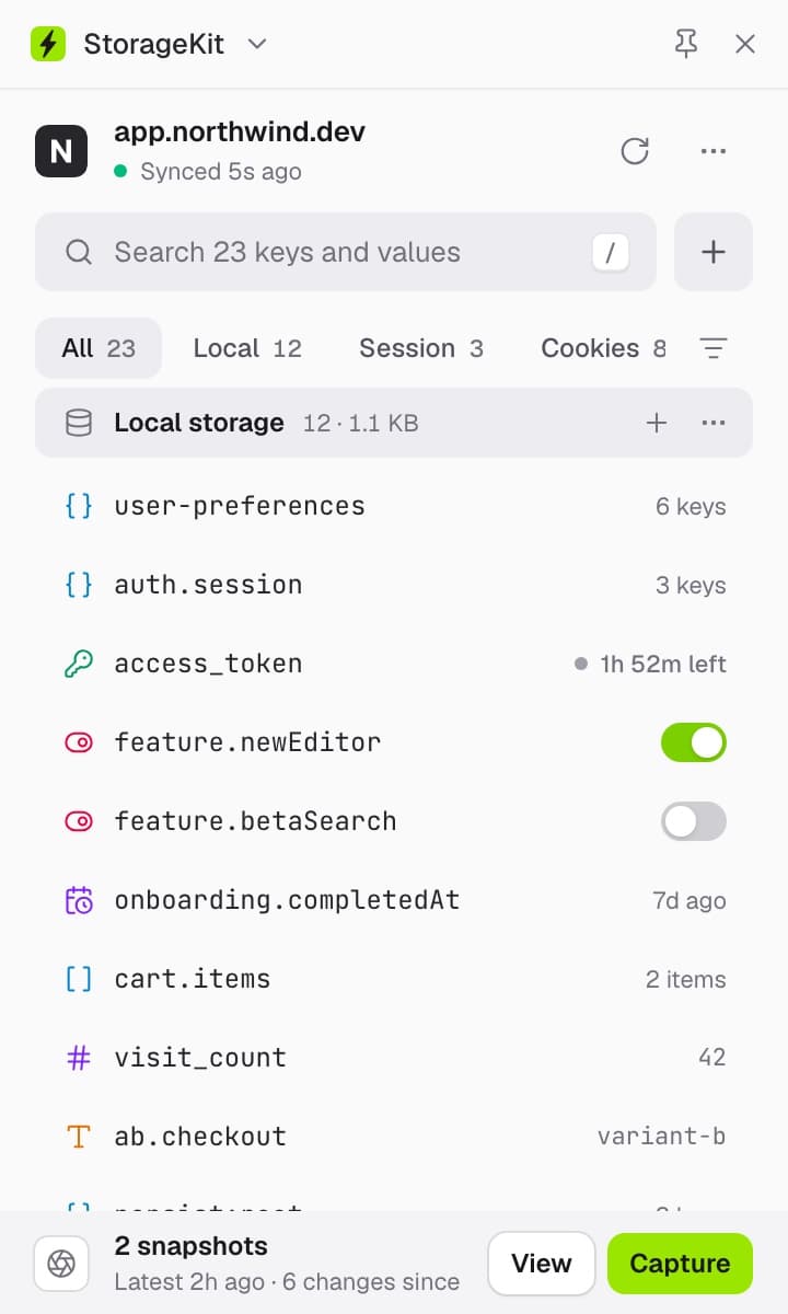 The StorageKit side panel docked beside the page, listing local storage with type icons, a JWT expiry, feature-flag toggles, and the snapshot bar